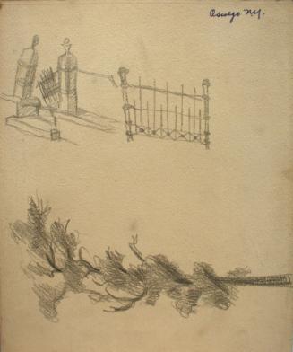 Two sketches, one tree and one fence with gravestones