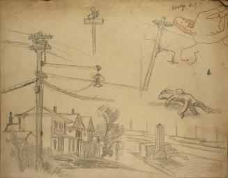 Various sketches including houses, telephone poles, gravestones, a head and one nude woman from the waist up