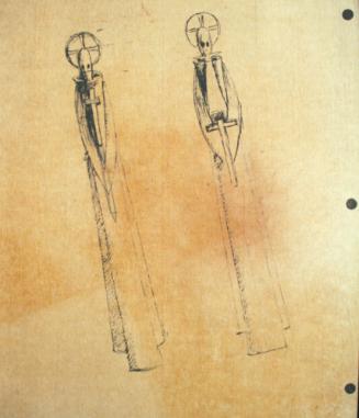 2 figures, 2 monks with crosses