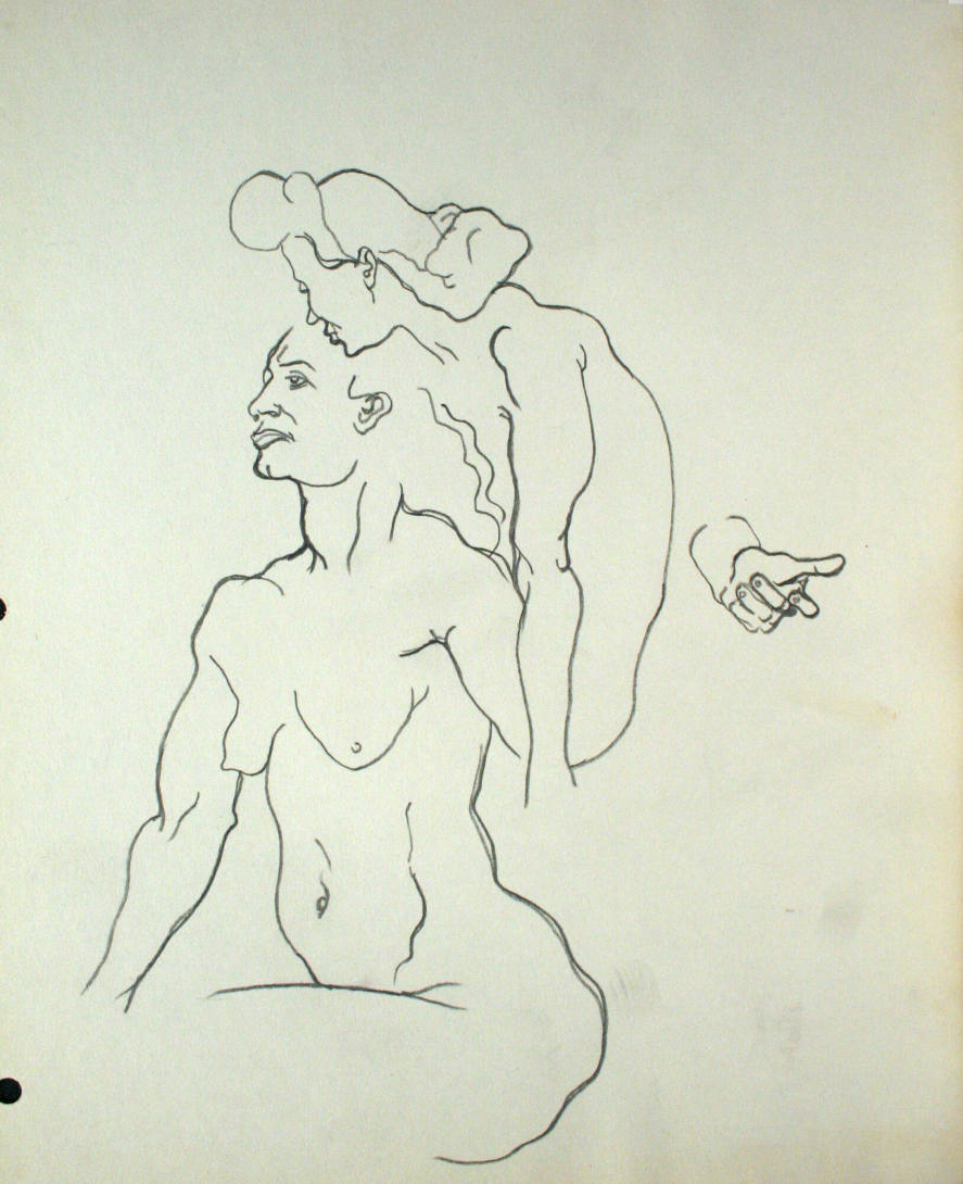 2 nude women sitting down, 1 hand