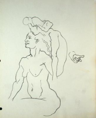 2 nude women sitting down, 1 hand