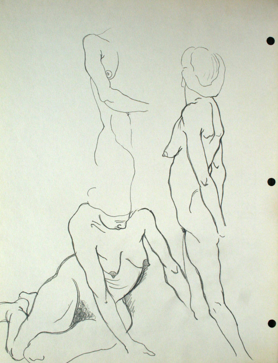 1 nude woman sitting down, 1 nude woman standing, 1 partial nude woman