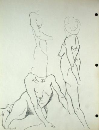 1 nude woman sitting down, 1 nude woman standing, 1 partial nude woman