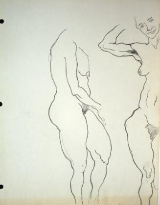 2 nude women sitting down, 1 without head