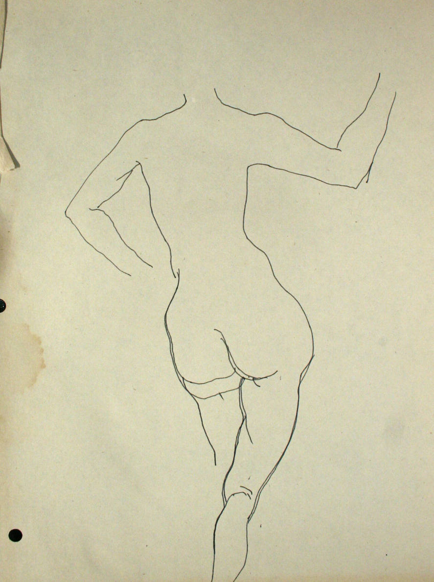 Nude woman sitting down without head, from the rear