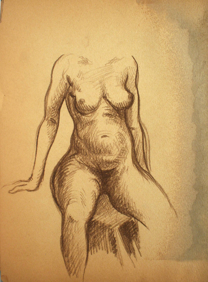 Nude woman sitting down without head