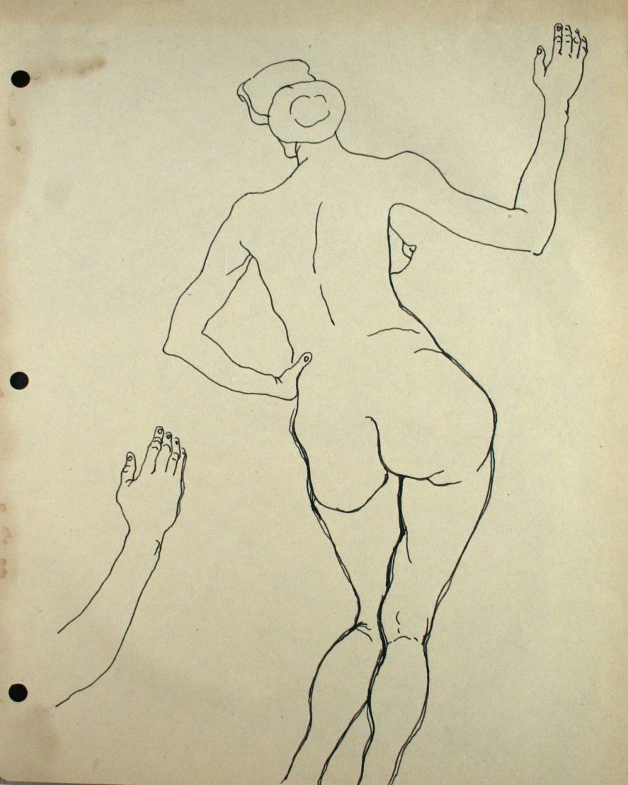 Nude woman standing, from rear and 1 arm