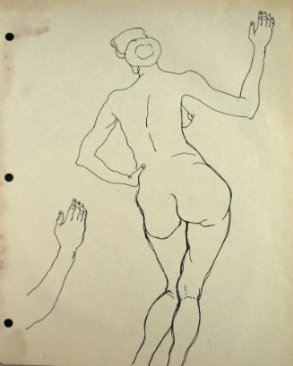 Nude woman standing, from rear and 1 arm