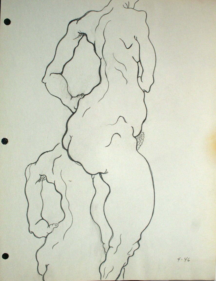 1 nude woman standing without head, 1 nude figure standing without head