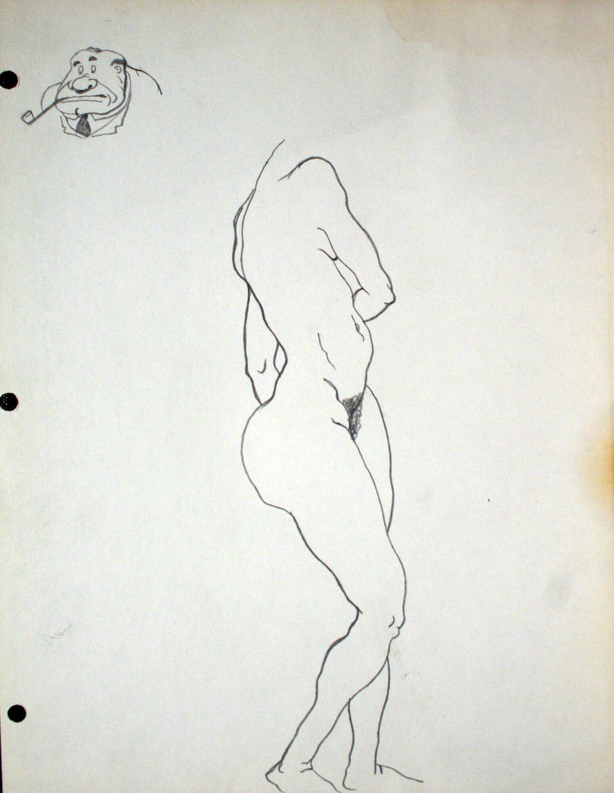 Nude woman standing without head, man's head with pipe