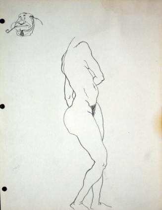 Nude woman standing without head, man's head with pipe