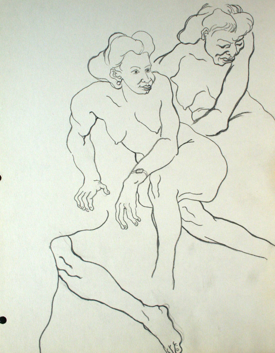 2 nude women sitting down, 1 leg