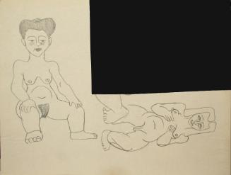 1 nude woman sitting down, 1 nude woman standing and 1 foot