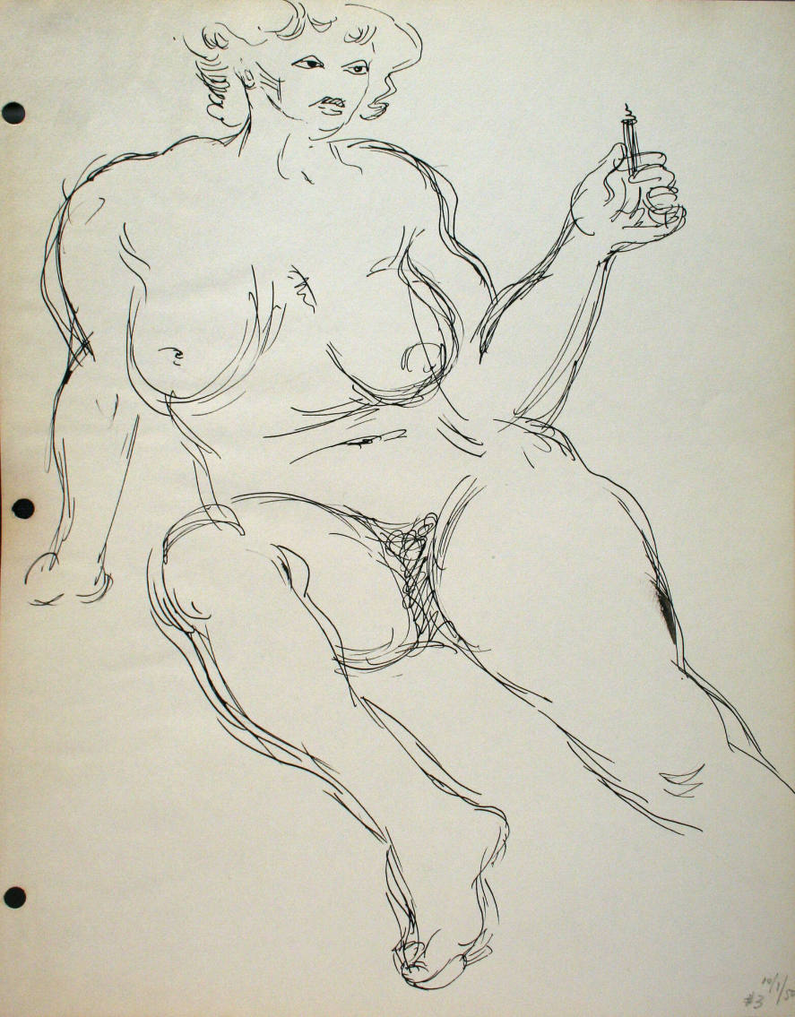 Nude woman sitting down with cigarette