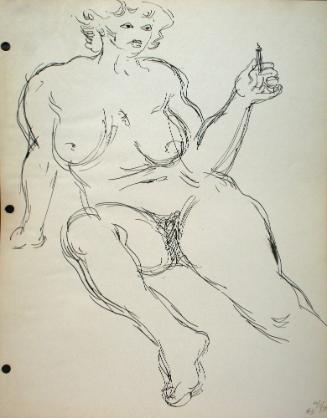 Nude woman sitting down with cigarette