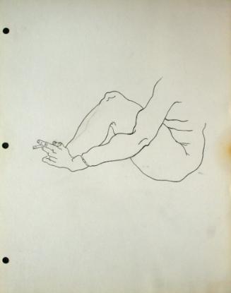 Nude woman sitting down without head, with cigarette