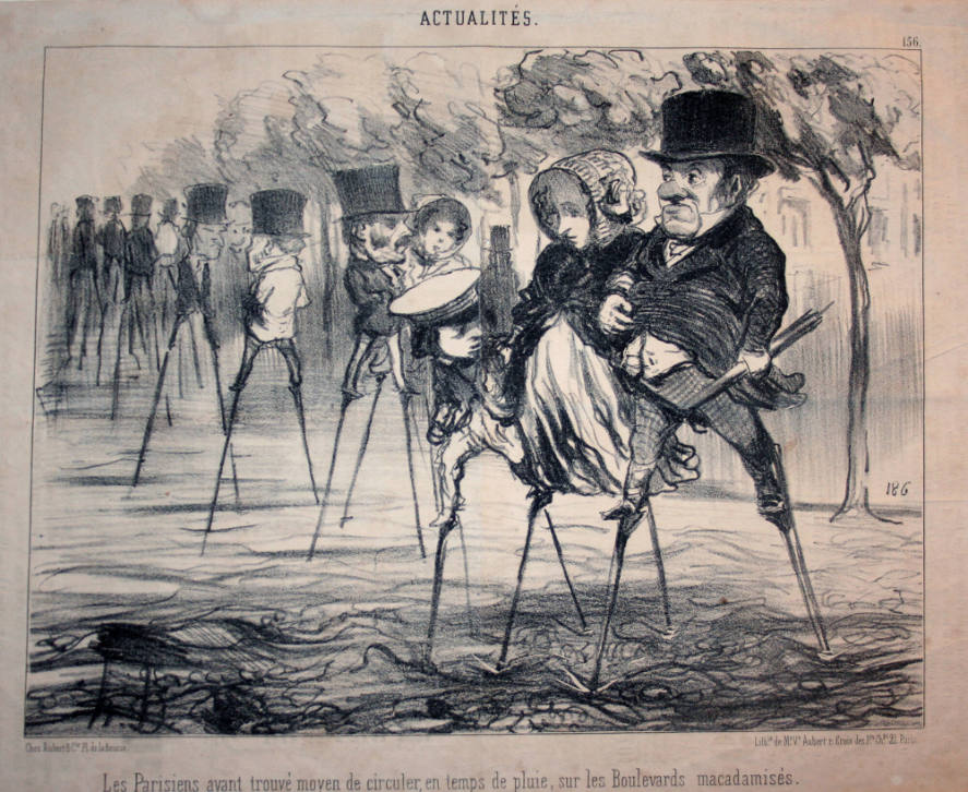 Les Parisiens ayant trouvé moyen de circuler, en temps de pluie, sur les Boulevards macadamises (the Parisisians having found a means to walk in the rain on the Macadomized Boulevard)