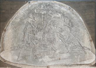 Woodblock engraving plate: Two Men and Christ on Cross