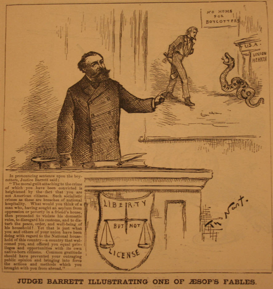 "Judge Barrett Illustrating One" from Harper's Weekly, July 17, 1886