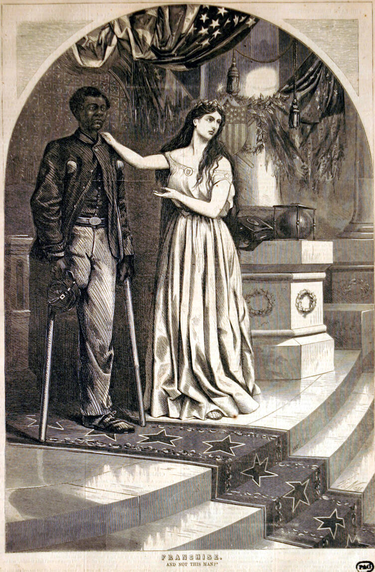 "Franchise.  And not this man?" from Harper's Weekly, August 5, 1865.