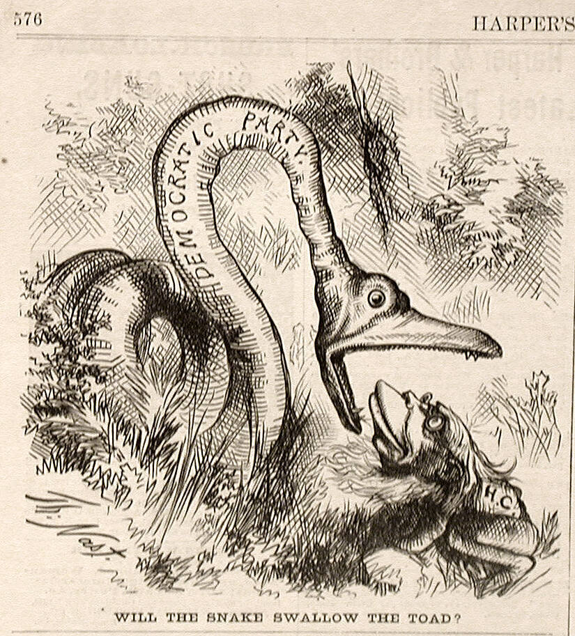 "Will The Snake Swallow The Toad" from Harper's Weekly, July 20, 1872