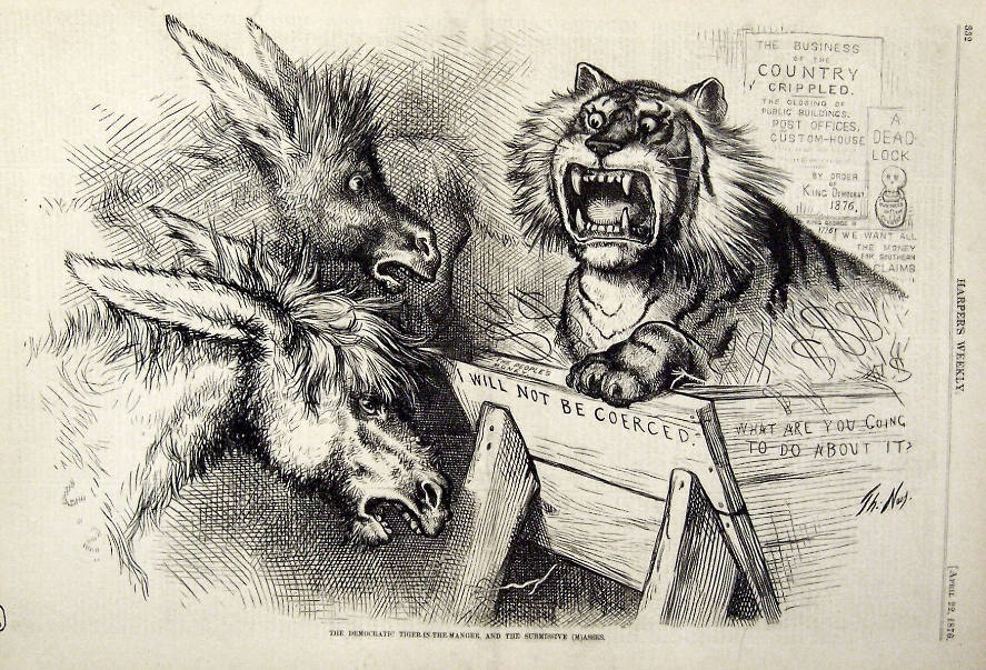 "The Democratic Tiger-In-The-Manger" from Harper's Weekly, April 22, 1876