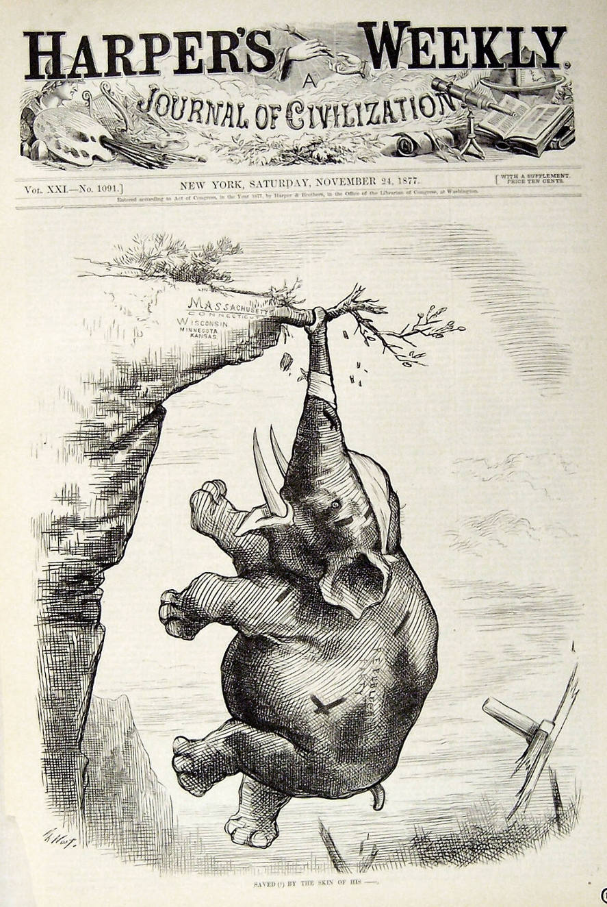 Saved (?) by the Skin of His ---, from Harper’s Weekly, (November 24, 1877)