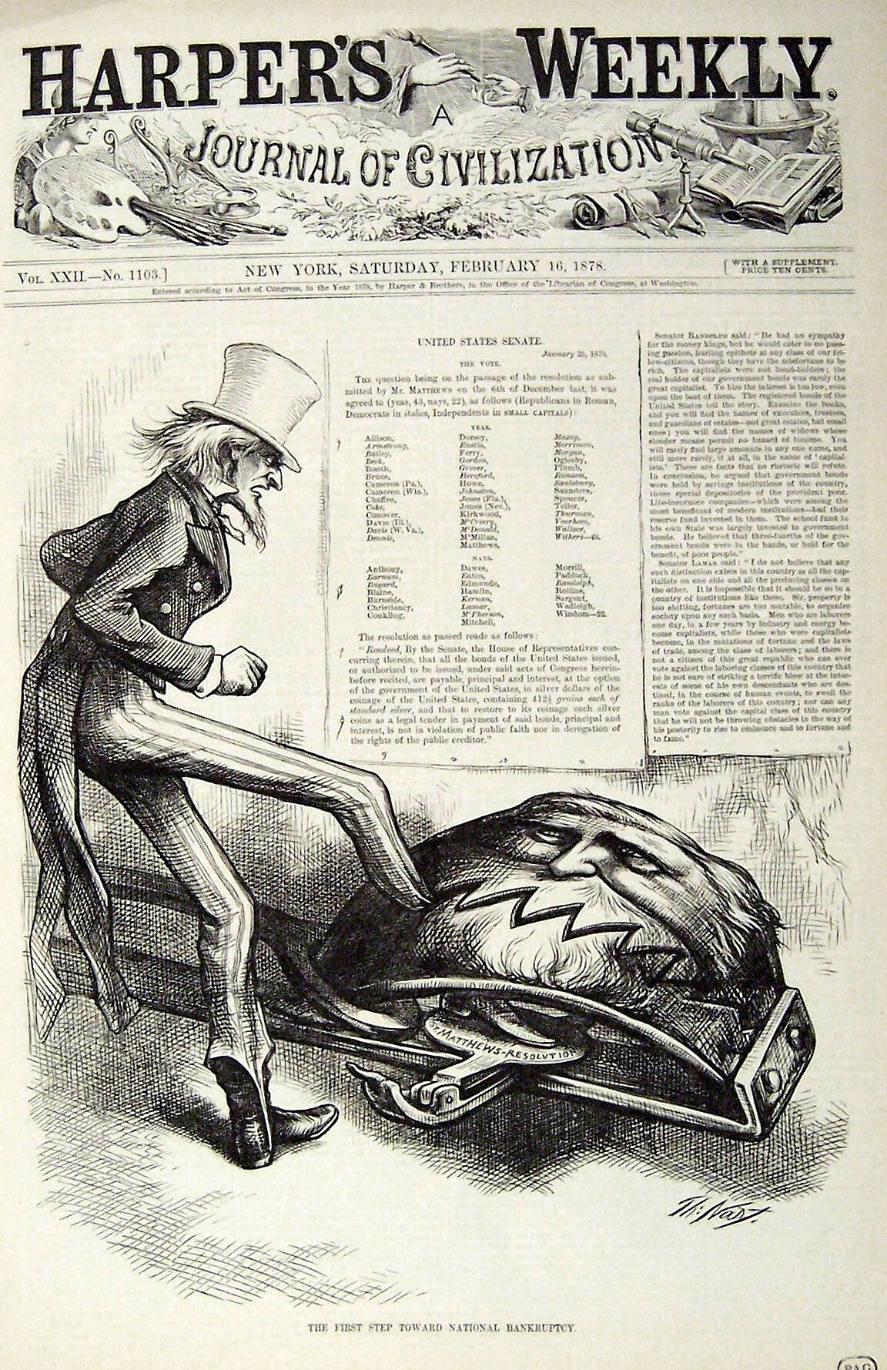 "First Step Toward Nat. Bankr." from Harper's Weekly, February 16, 1878