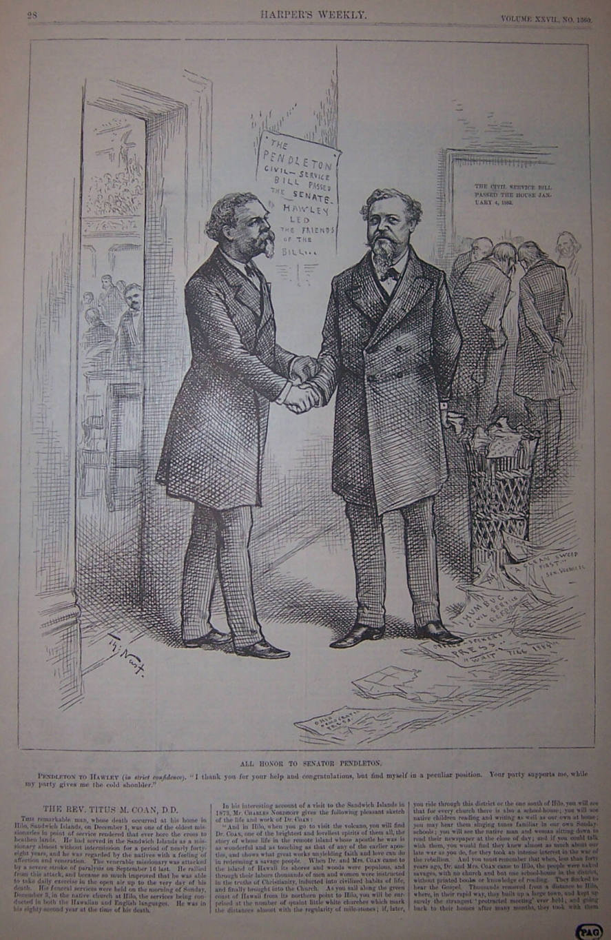 "All Honor To Senator Pendleton" from Harper's Weekly, January 13, 1883