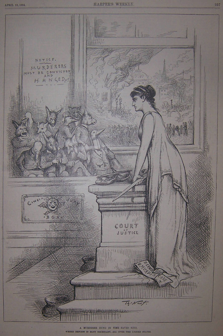 "A Murderer Hung In Time Saves..." from Harper's Weekly, April 12, 1884