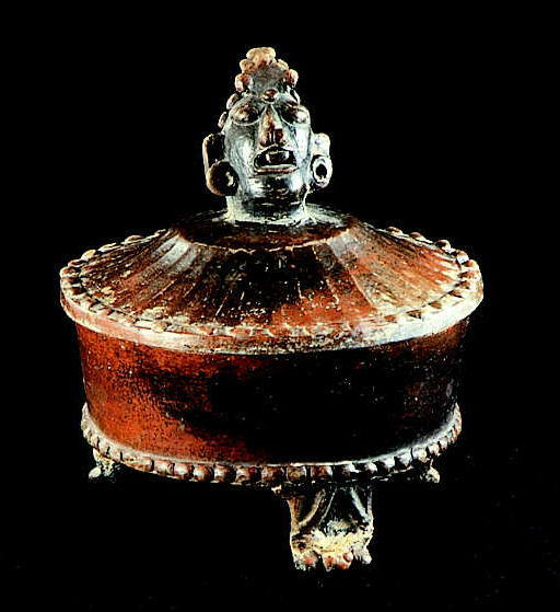 Lidded tripod pot with effigy head handle