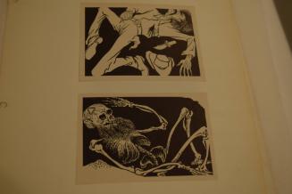 2 images, man on ground with knife, skeleton