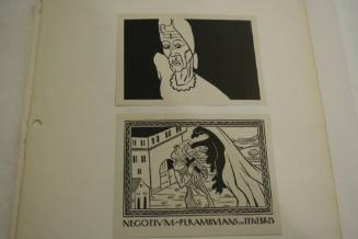 2 images, woman's head, ghoul attacking a monk with cross under which is printed "NEGOTIVM PERAMBVIANS IN TENEBRIS"