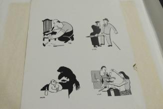 4 cartoons, all with "coye" under them. 1: man painting chair, 2: man and woman, 3: man with bottle and ghost, 4: man and woman serving a hat