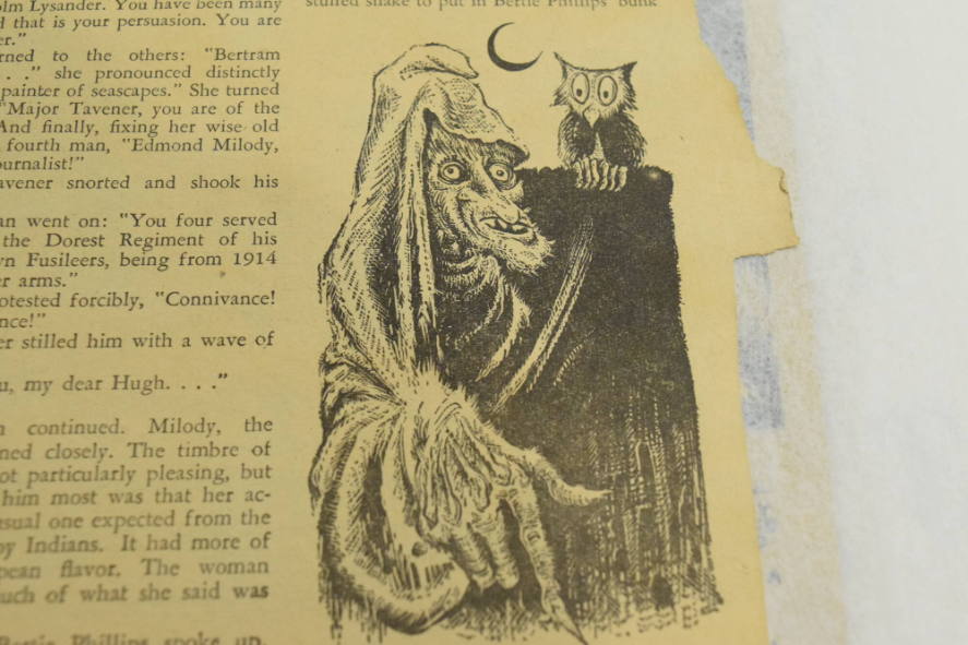 Ghoul with owl on shoulder, crescent moon