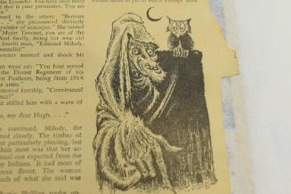 Ghoul with owl on shoulder, crescent moon