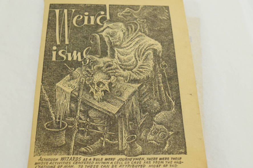 Ghoul at table with skull, bird, cat