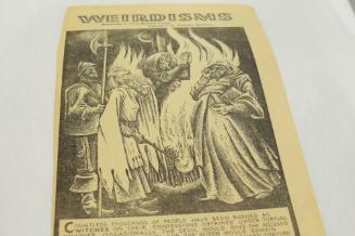 recto: 4 figures: soldier with a pike, monk, witch, cloaked figure with torch; verso: "The Beasts That Tread the World" flying bull and woman