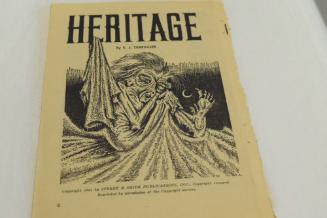 Ghoul with sharp wided toes, crescent moon. on title page: "Heritage" by EJ Derringer