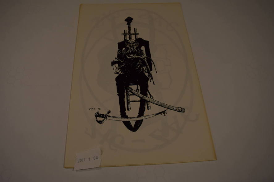 Man in chair holding heart/swords