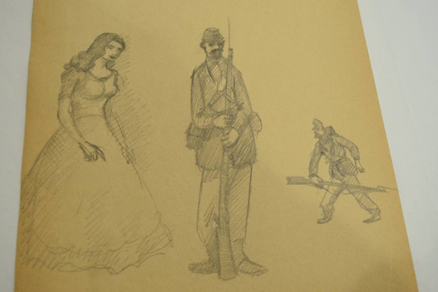 2 Civil War soldiers standing, 1 woman in long dress