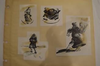 4 prints containing 1 woman, 2 monks, 1 man in tri-cornered hat