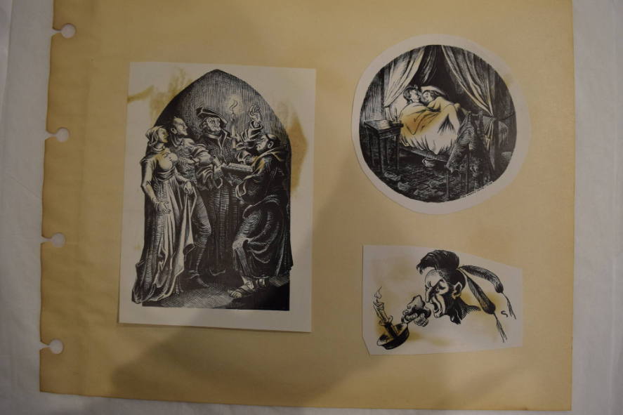 3 prints containing a monk with 3 figures, a man and woman and an Indian with a candle