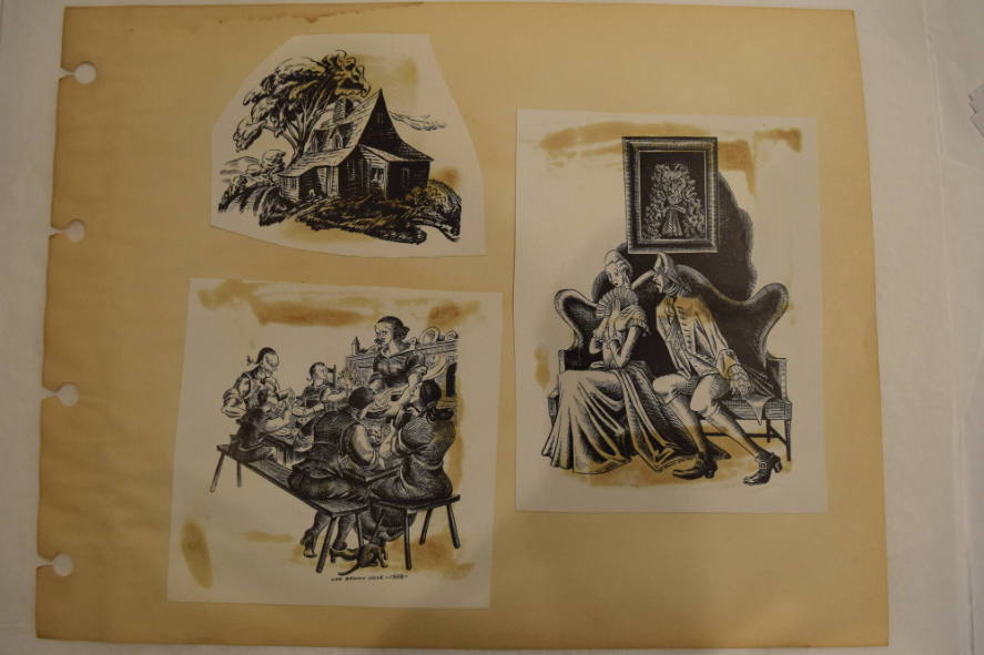 3 prints containing a house, a Colonial couple on couch, a Colonial man serving food