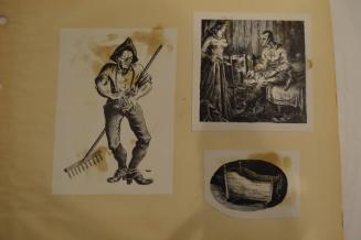 3 prints with cradle, Colonial couple and farmer with rake