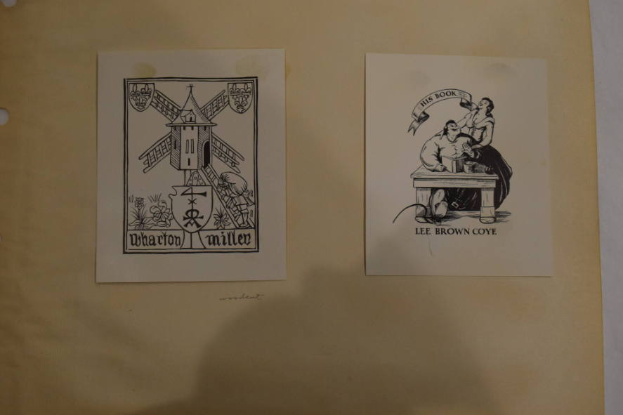 2 prints containing book plate of Colonial couple and a castle tower with ladders