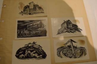 6 prints containing a store, hearse, house, road sign, a drunk passed out with jug of alcohol and man with hands over his face