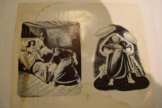 2 prints on same sheet containing a monk preparing to bed a girl and a monk in a graveyard