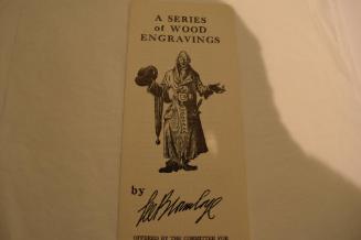 Bald man in a long coat with hat in hand on an invitation to a show for Lee Brown Coye's wood engravings