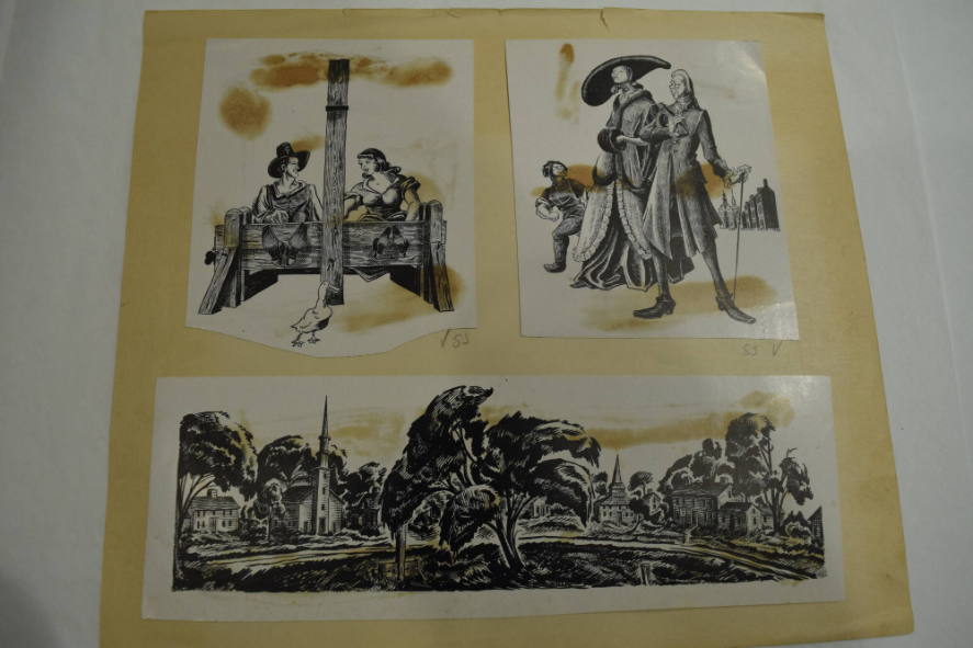 3 prints of a man and woman in stocks, a village scene and an elegant man and woman with a street urchin